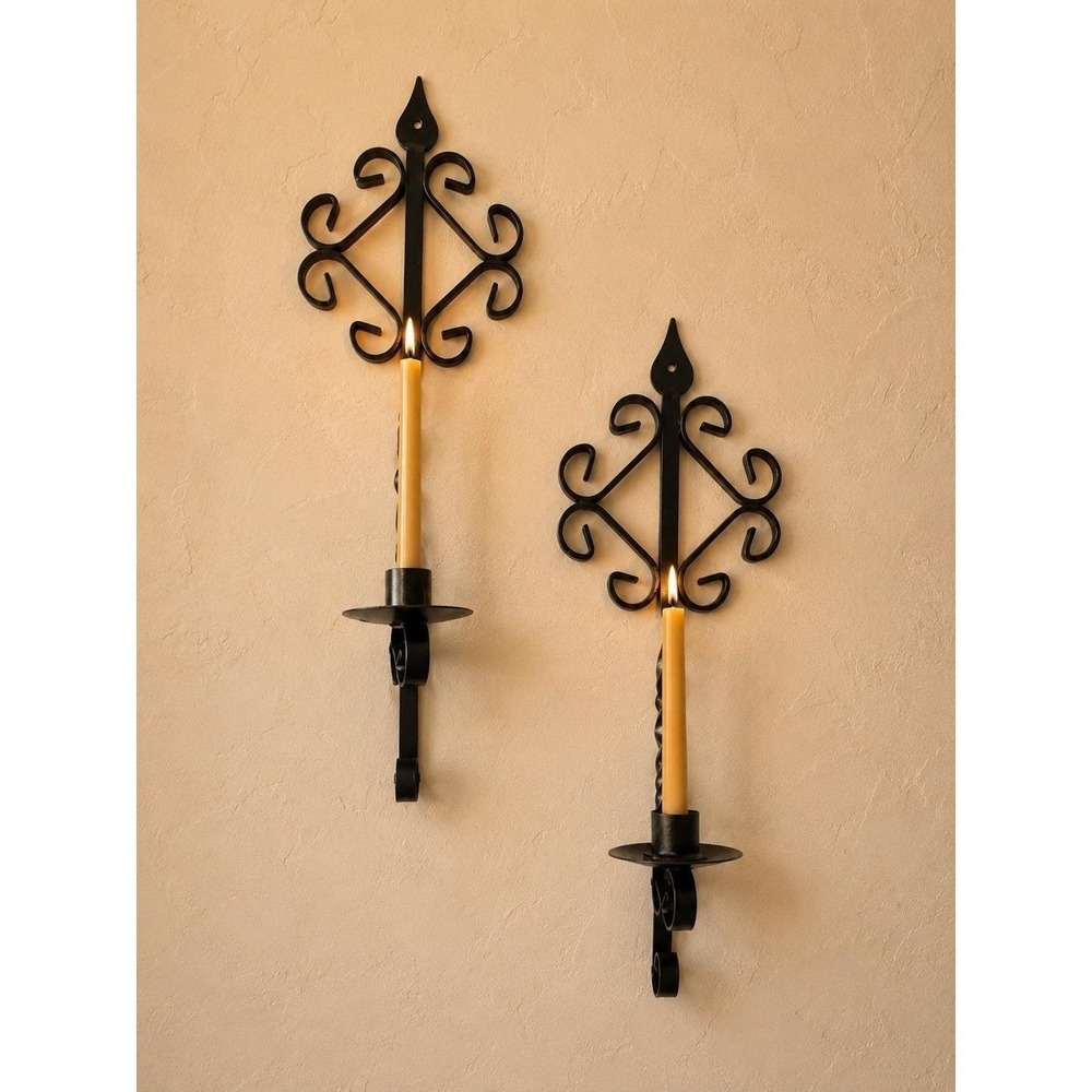 Pair Of Wrought Iron Gothic Southwest Style Wall Sconce Candle Holders 16.5"